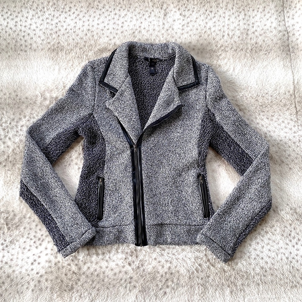 ✨ AQUA Luxe Knit Tweed Leather Trim Moto Jacket